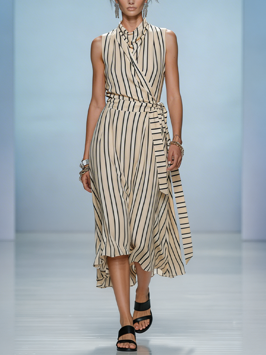 Women's Beige Striped Lightweight Chiffon Dress With Sleeveless Silhouette & High-Low Hem, Modern Feminine-Chic Style Dress