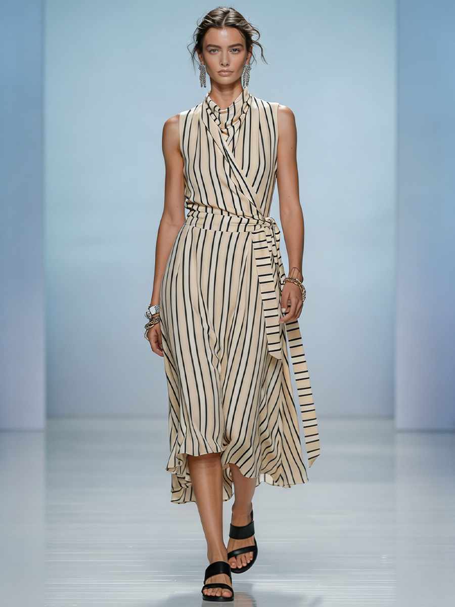 Women's Beige Striped Lightweight Chiffon Dress With Sleeveless Silhouette & High-Low Hem, Modern Feminine-Chic Style Dress