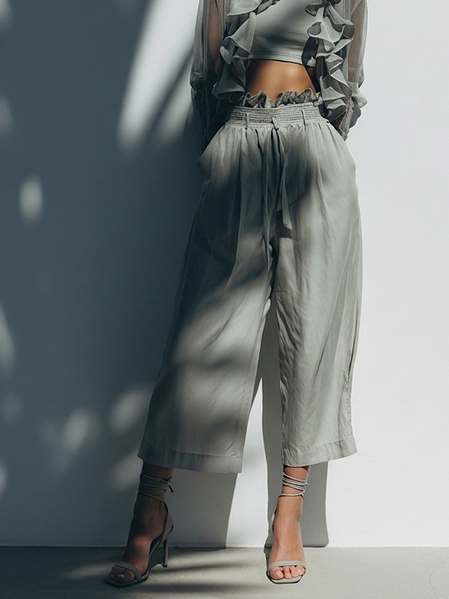 Women's Grey Chiffon 3-Piece Set With Ruffle Sheer Cardigan, Crop Tank Top & High-Waisted Wide-Leg Pants, Timeless Feminine-Chic Style Set