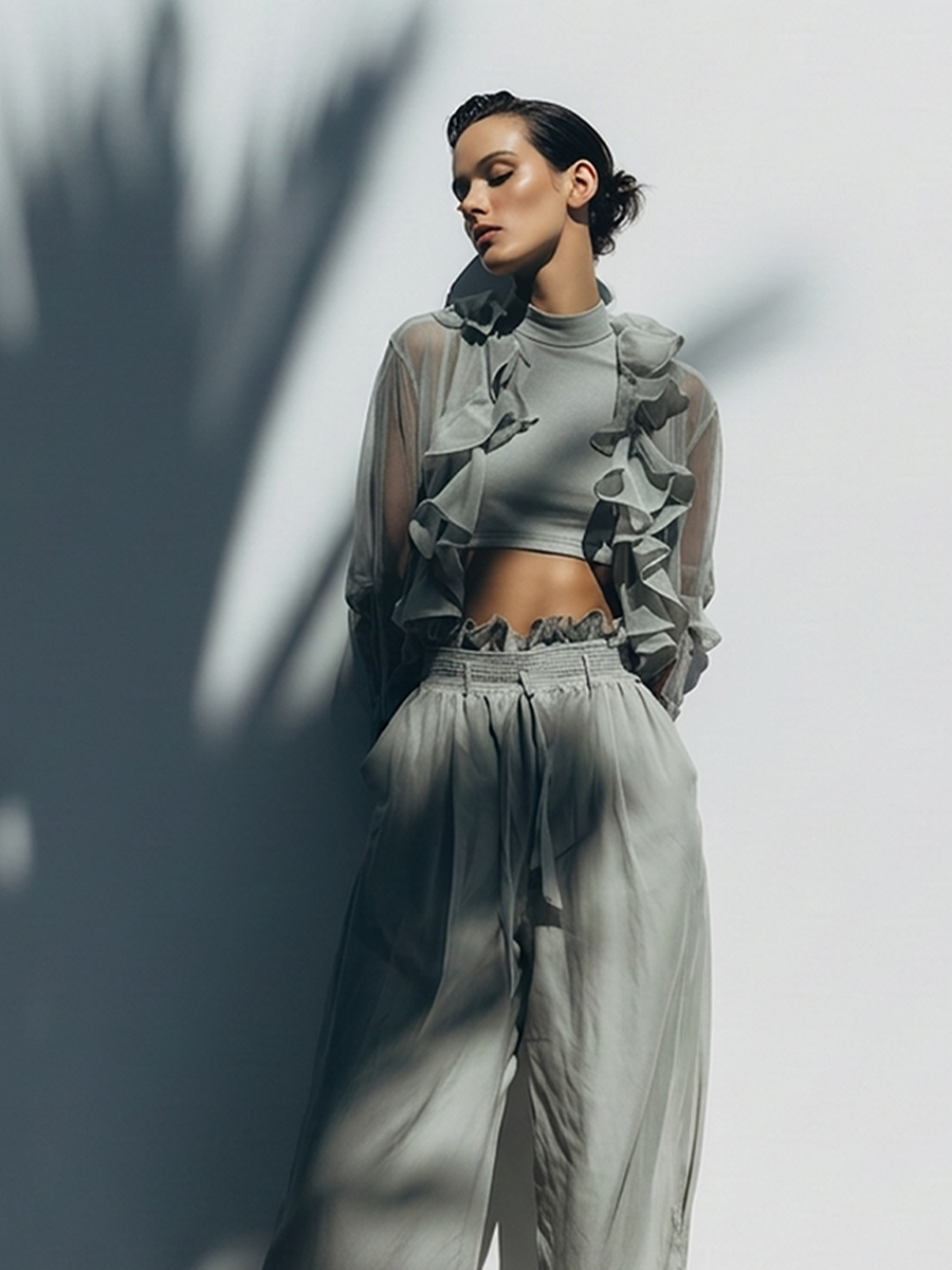 Women's Grey Chiffon 3-Piece Set With Ruffle Sheer Cardigan, Crop Tank Top & High-Waisted Wide-Leg Pants, Timeless Feminine-Chic Style Set