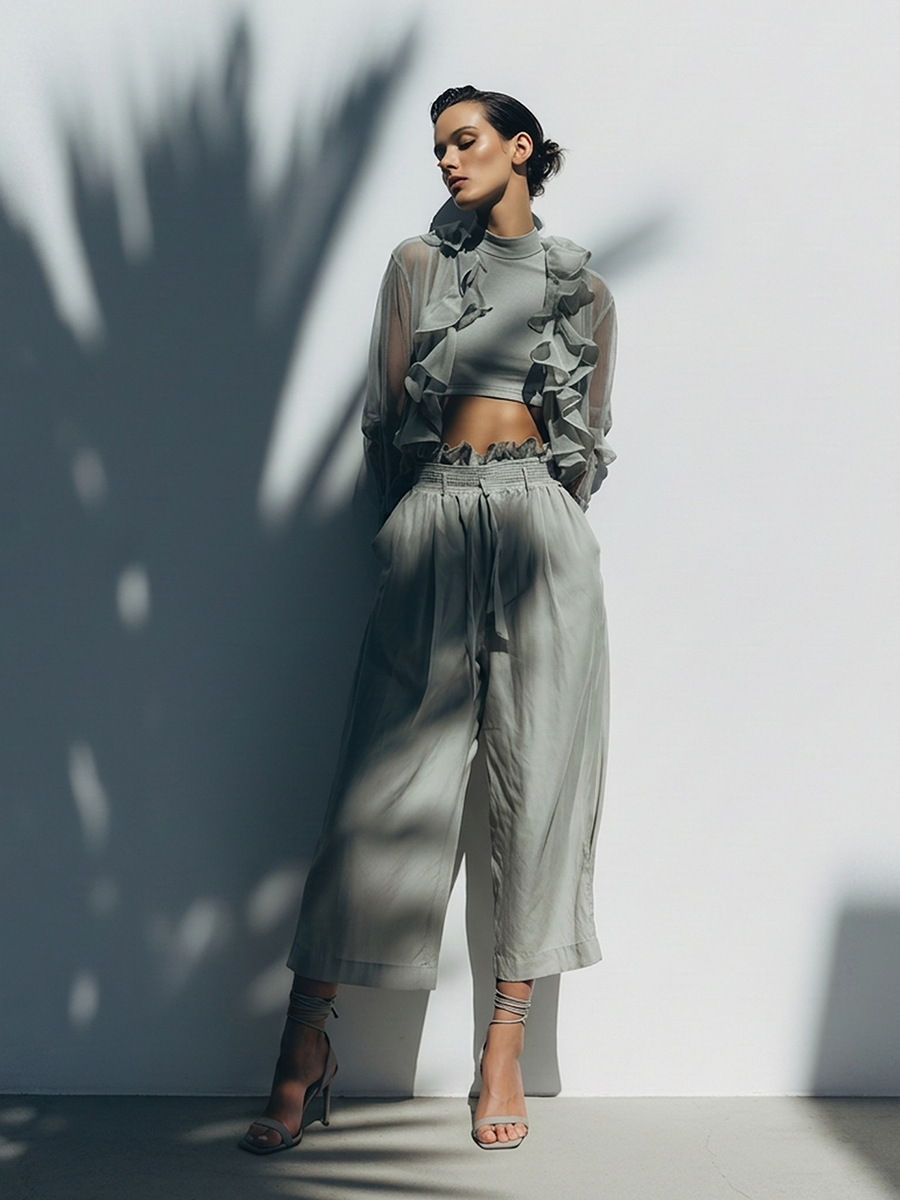 Women's Grey Chiffon 3-Piece Set With Ruffle Sheer Cardigan, Crop Tank Top & High-Waisted Wide-Leg Pants, Timeless Feminine-Chic Style Set