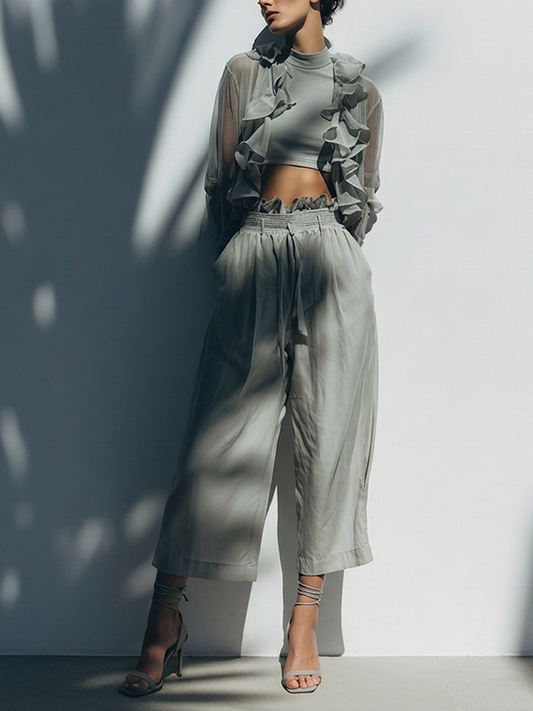 Women's Grey Chiffon 3-Piece Set With Ruffle Sheer Cardigan, Crop Tank Top & High-Waisted Wide-Leg Pants, Timeless Feminine-Chic Style Set