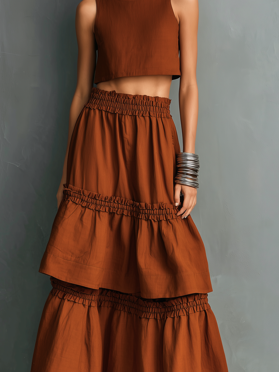 Women's Casual Orange-Red Cotton-Linen Sleeveless Crew-Neck Top Paired With A Ruffled Maxi Skirt