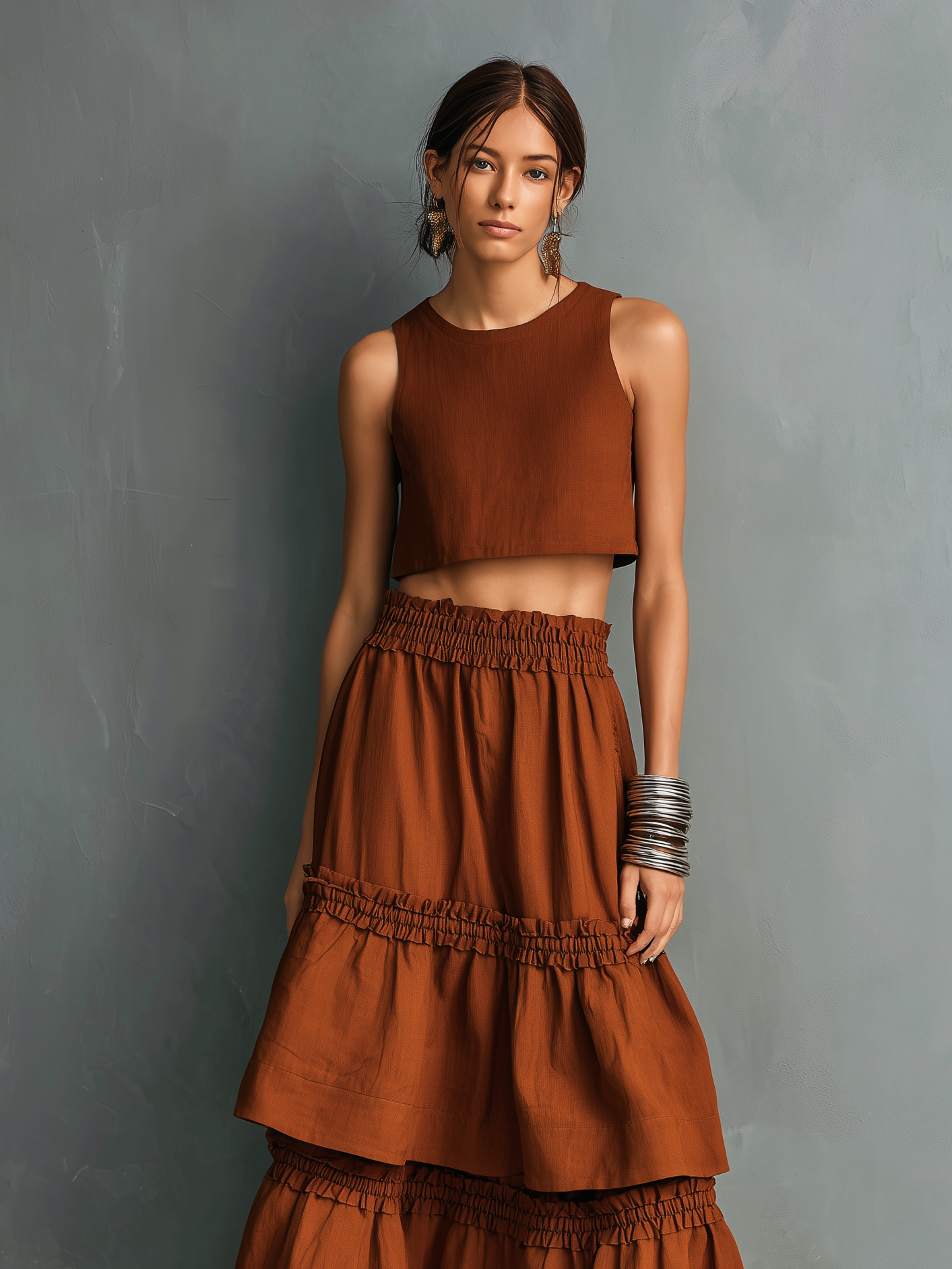 Women's Casual Orange-Red Cotton-Linen Sleeveless Crew-Neck Top Paired With A Ruffled Maxi Skirt