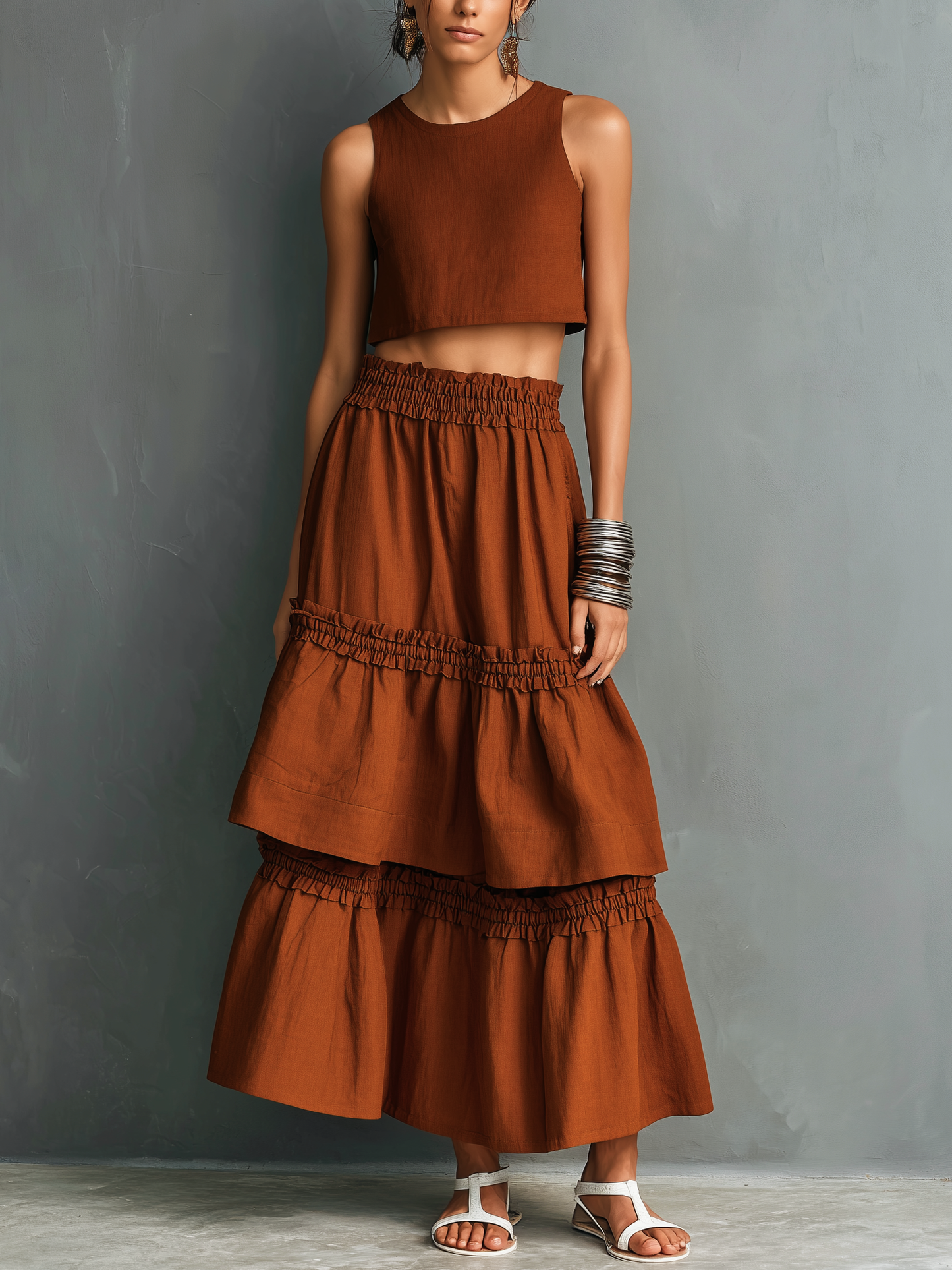 Women's Casual Orange-Red Cotton-Linen Sleeveless Crew-Neck Top Paired With A Ruffled Maxi Skirt