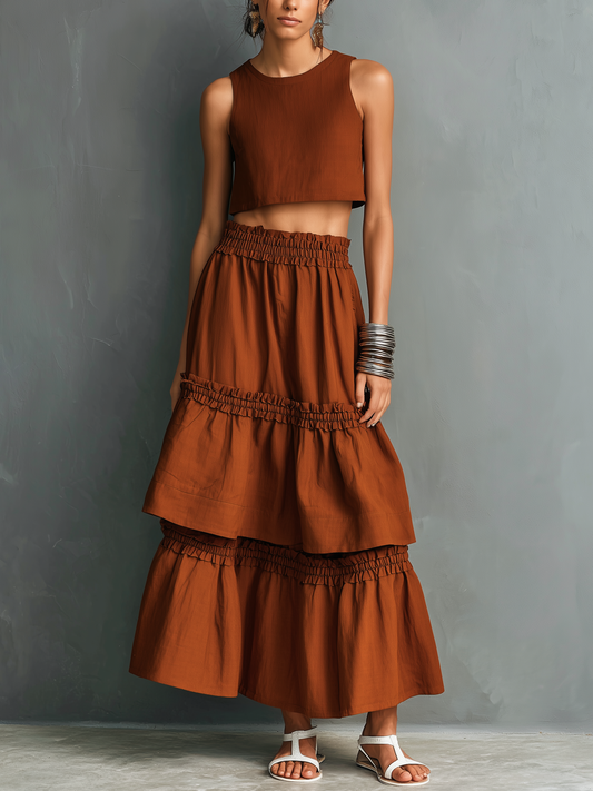 Women's Casual Orange-Red Cotton-Linen Sleeveless Crew-Neck Top Paired With A Ruffled Maxi Skirt
