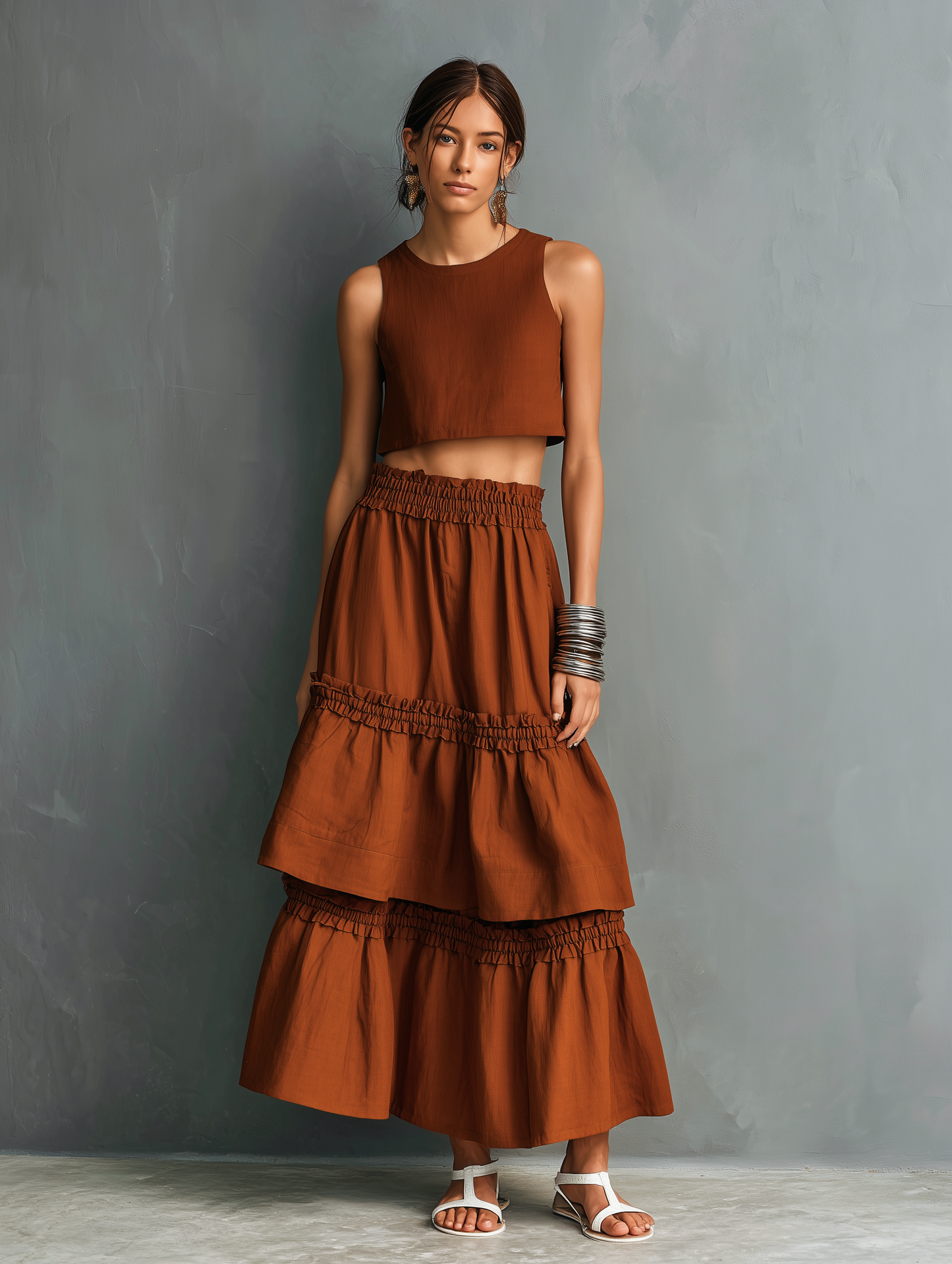 Women's Casual Orange-Red Cotton-Linen Sleeveless Crew-Neck Top Paired With A Ruffled Maxi Skirt