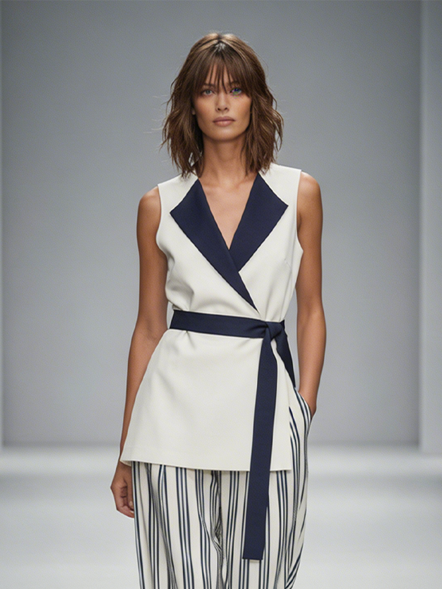Women's White & Navy Two-Piece Set With Sleeveless Lapel Wrap Top & Striped Wide-Leg Pants, Timeless Minimalist-Chic Style Set