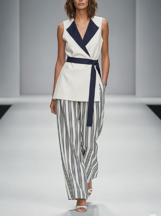 Women's White & Navy Two-Piece Set With Sleeveless Lapel Wrap Top & Striped Wide-Leg Pants, Timeless Minimalist-Chic Style Set