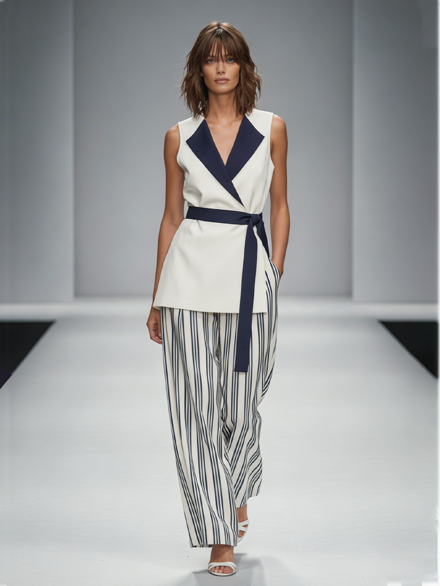 Women's White & Navy Two-Piece Set With Sleeveless Lapel Wrap Top & Striped Wide-Leg Pants, Timeless Minimalist-Chic Style Set