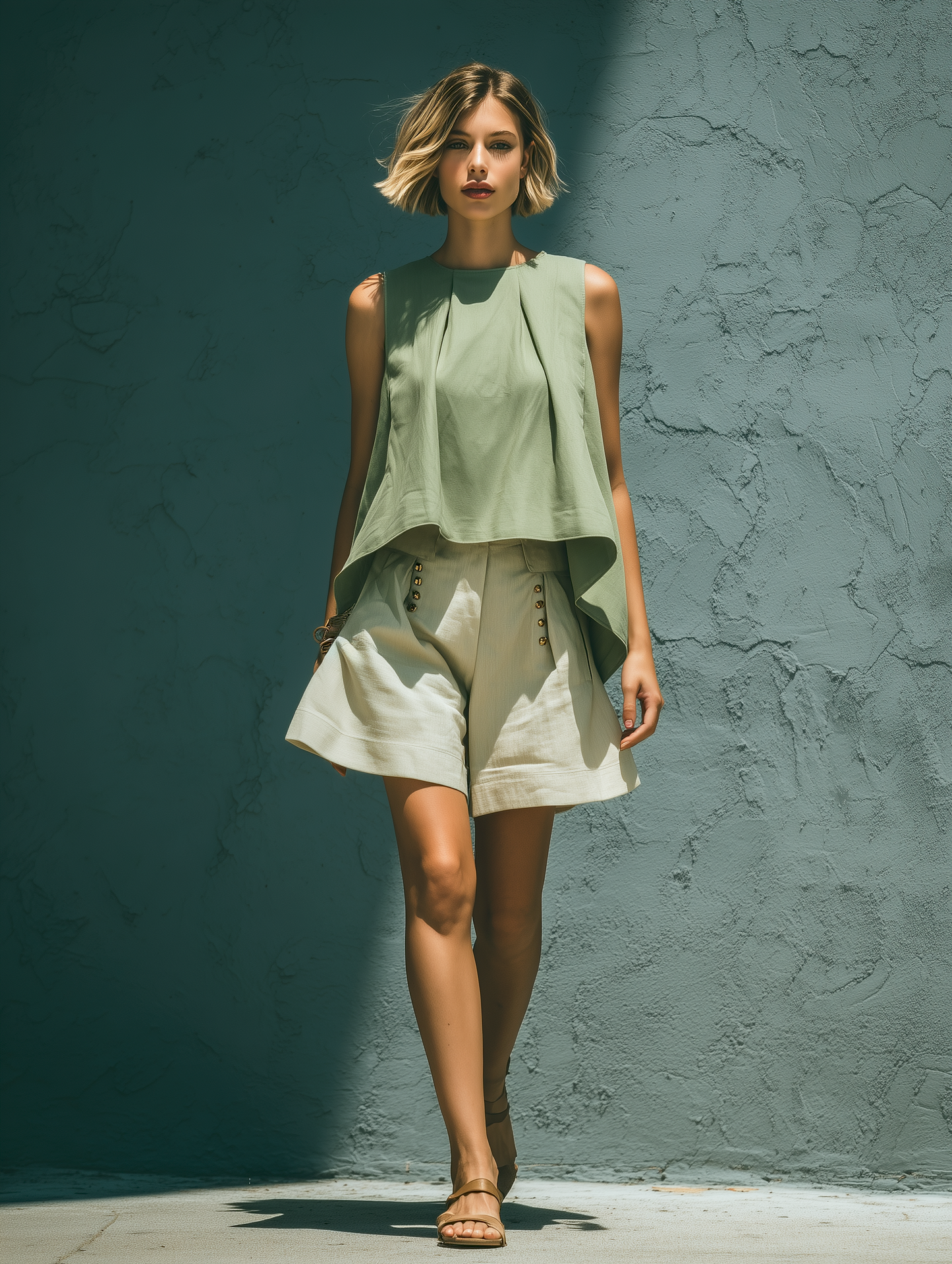 Women’s Sage Green Sleeveless Asymmetrical Hem Crop Top & Beige High-Waisted Button Detail Wide-Leg Shorts Two-Piece Set