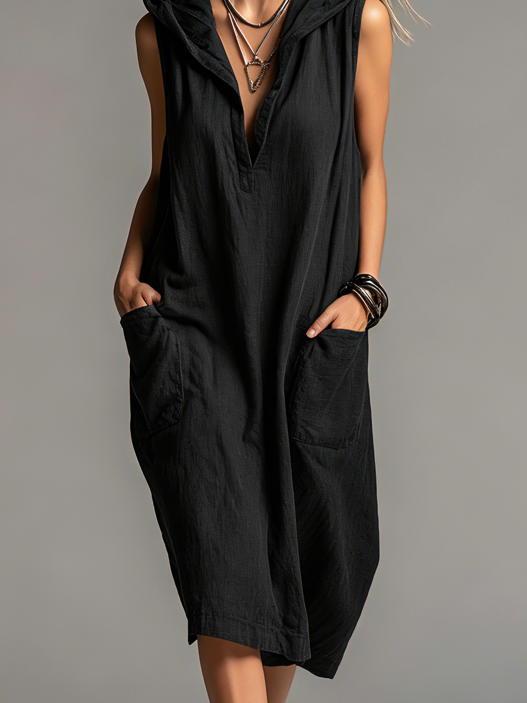 Women's Casual Black Cotton-Linen Hooded Sleeveless Loose Midi Dress