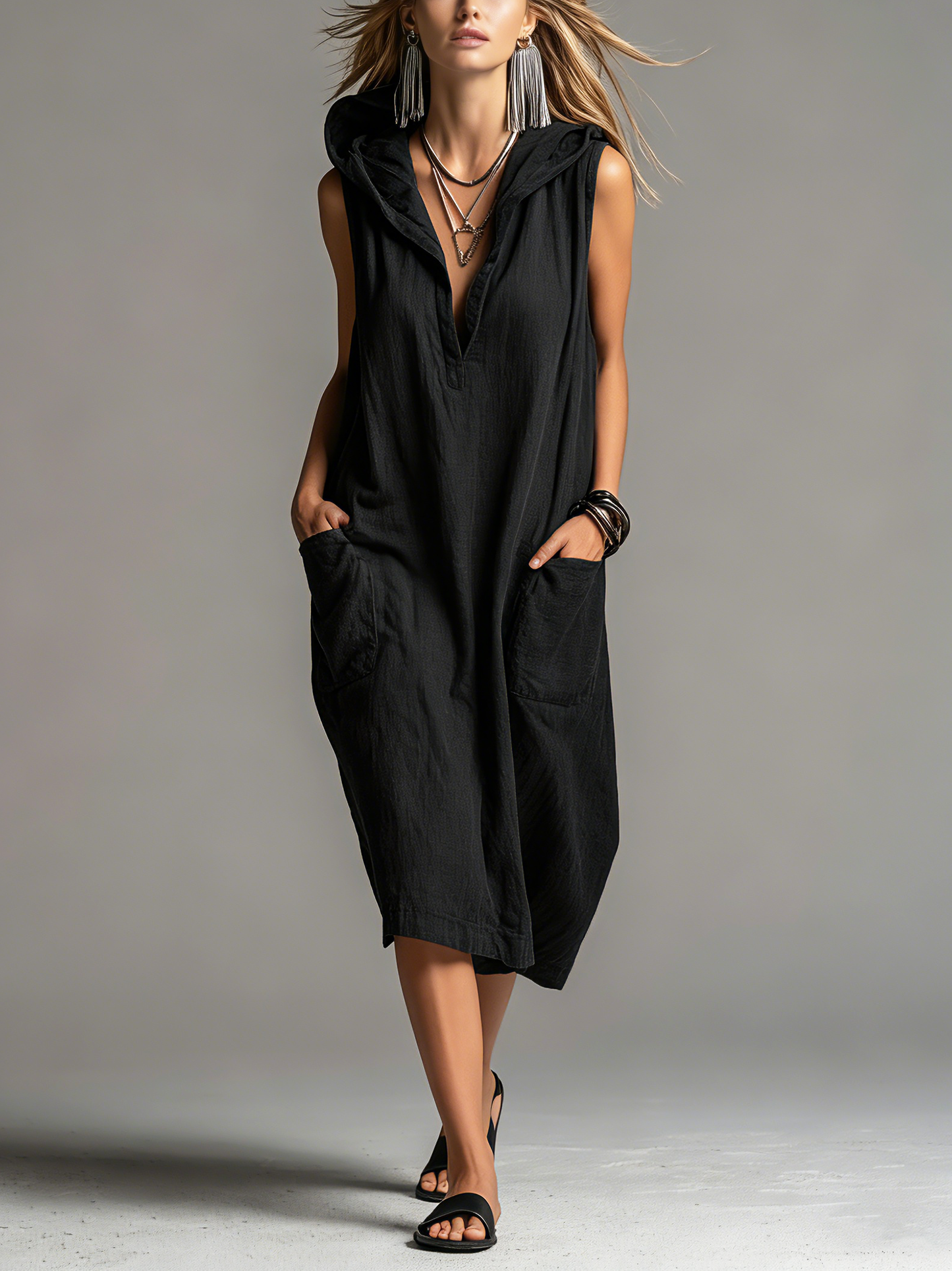 Women's Casual Black Cotton-Linen Hooded Sleeveless Loose Midi Dress
