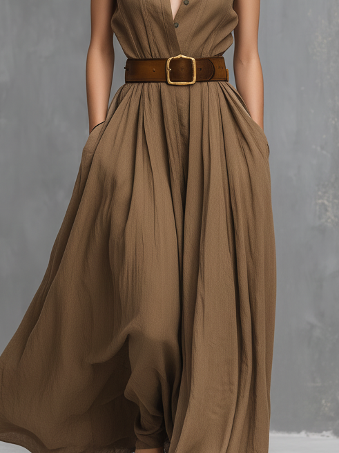 Women's Casual Khaki Cotton-Linen Sleeveless Maxi Dress With Round Neck (Belt Not Included)