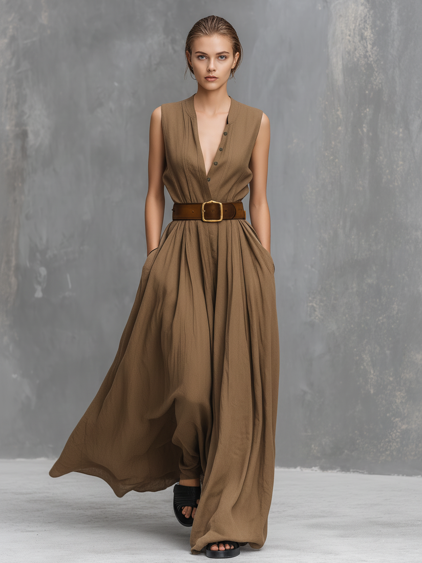 Women's Casual Khaki Cotton-Linen Sleeveless Maxi Dress With Round Neck (Belt Not Included)