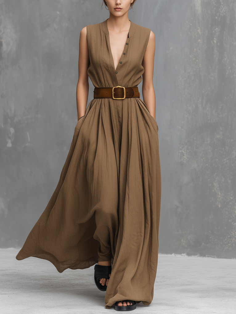 Women's Casual Khaki Cotton-Linen Sleeveless Maxi Dress With Round Neck (Belt Not Included)