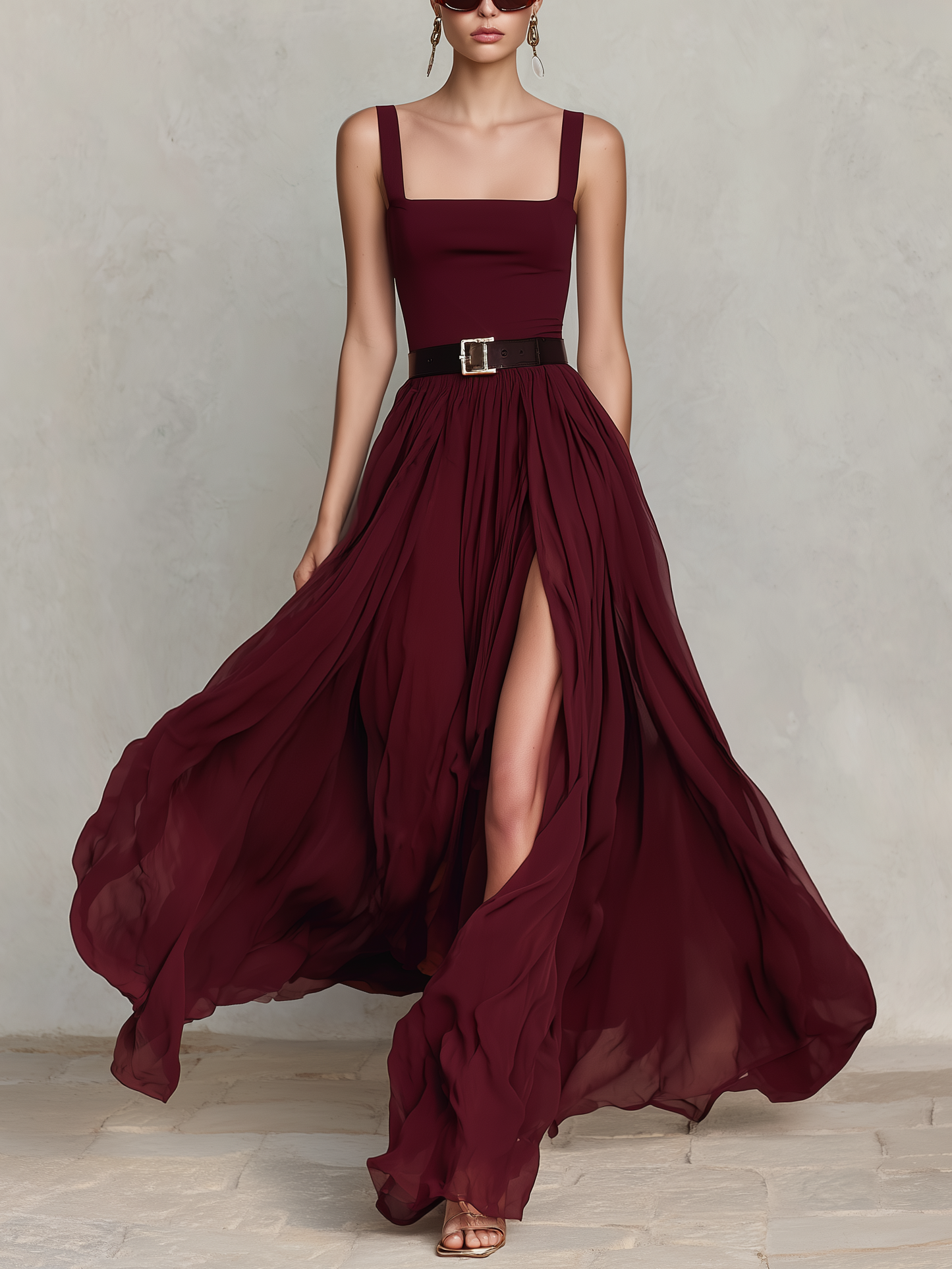 Women's Elegant Burgundy Chiffon Square-Neck Sleeveless Maxi Dress (Belt Not Included)