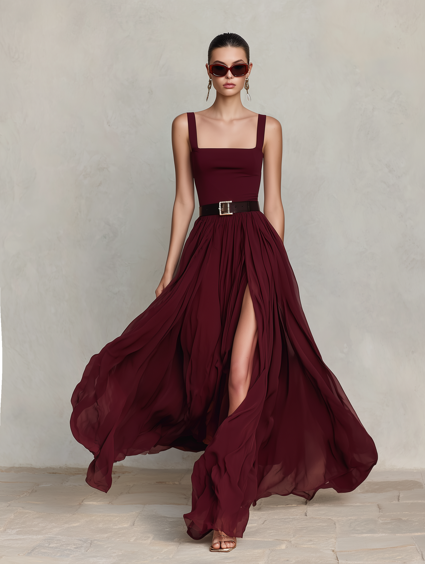 Women's Elegant Burgundy Chiffon Square-Neck Sleeveless Maxi Dress (Belt Not Included)