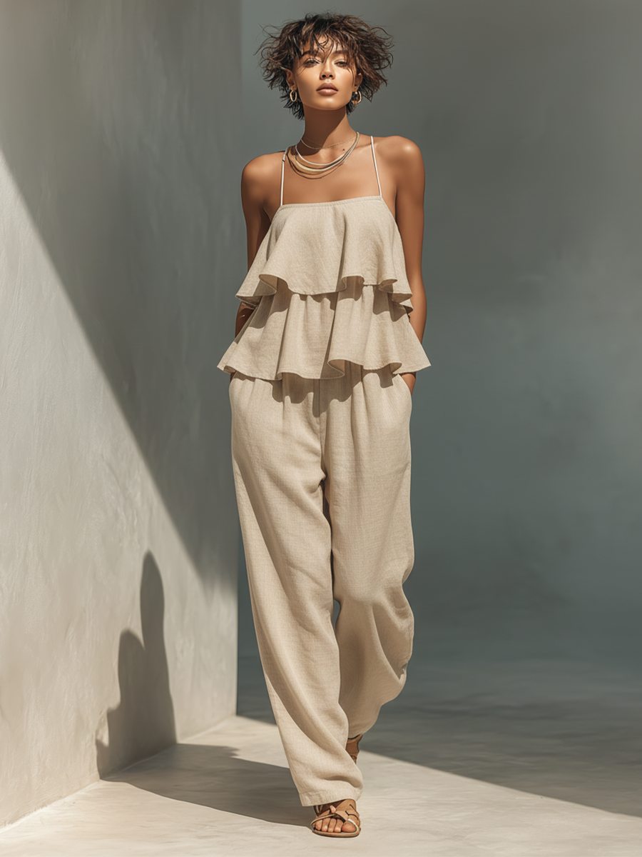 Women’s Beige Linen-Blend Spaghetti Strap Tiered Ruffle Wide-Leg Jumpsuit