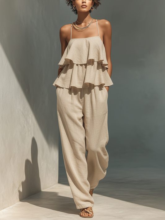 Women’s Beige Linen-Blend Spaghetti Strap Tiered Ruffle Wide-Leg Jumpsuit