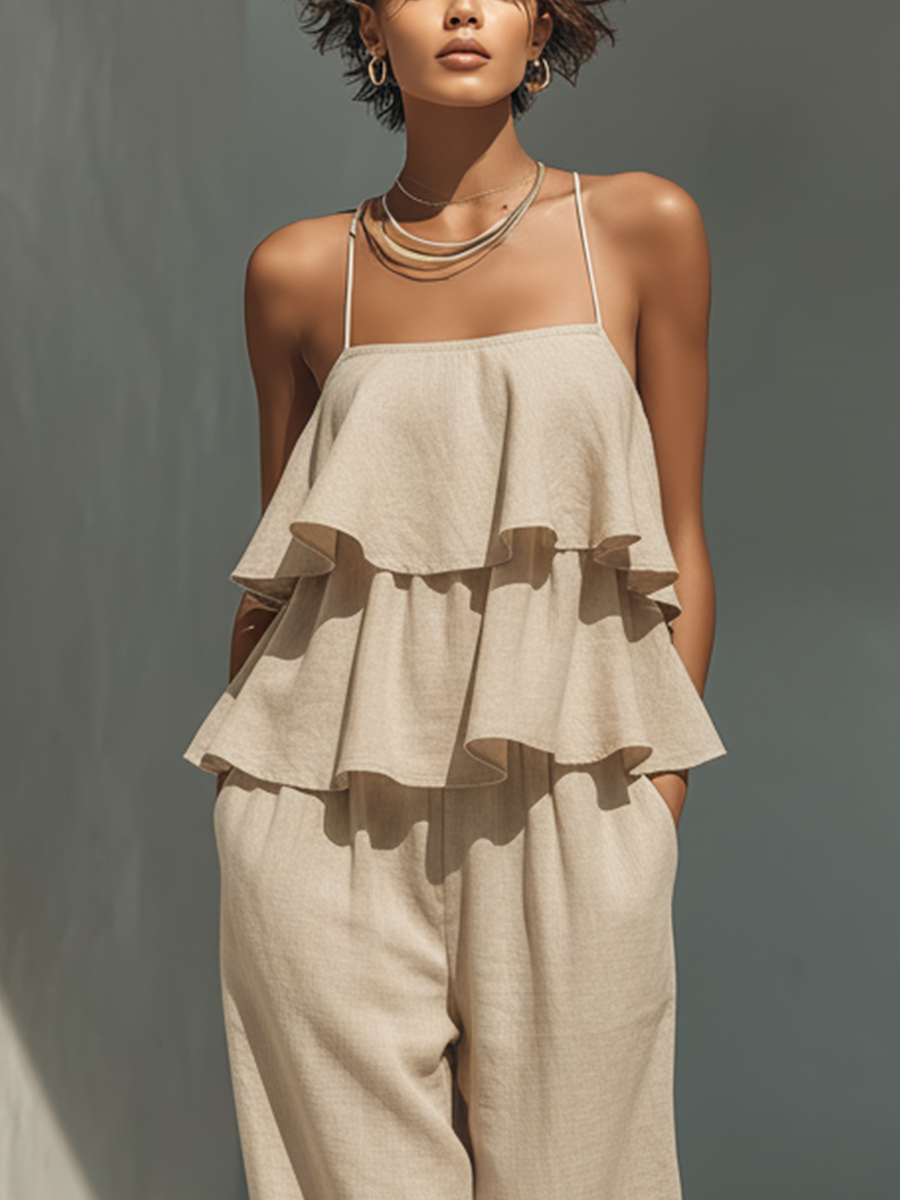Women’s Beige Linen-Blend Spaghetti Strap Tiered Ruffle Wide-Leg Jumpsuit