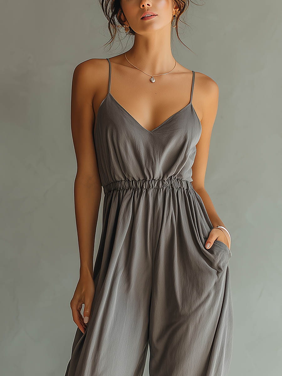 Women’s Charcoal Gray Linen-Blend Spaghetti Strap V-Neck Smocked Waist Wide-Leg Jumpsuit With Pockets
