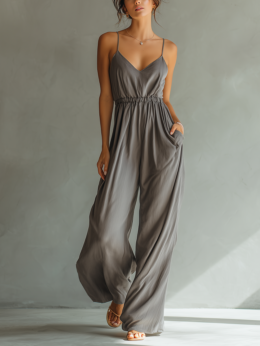Women’s Charcoal Gray Linen-Blend Spaghetti Strap V-Neck Smocked Waist Wide-Leg Jumpsuit With Pockets