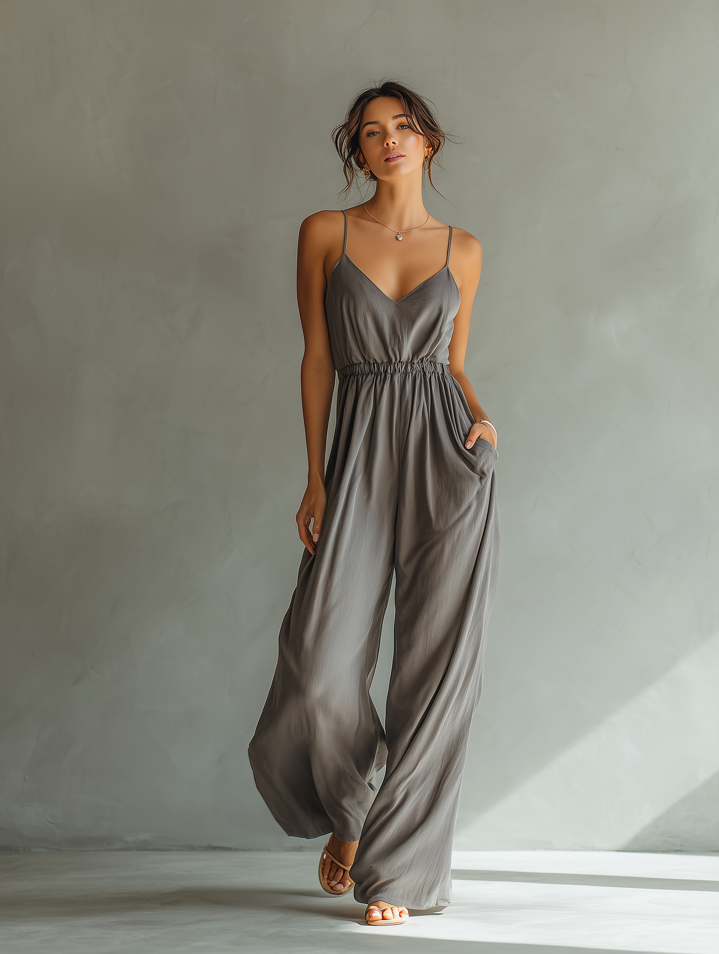 Women’s Charcoal Gray Linen-Blend Spaghetti Strap V-Neck Smocked Waist Wide-Leg Jumpsuit With Pockets