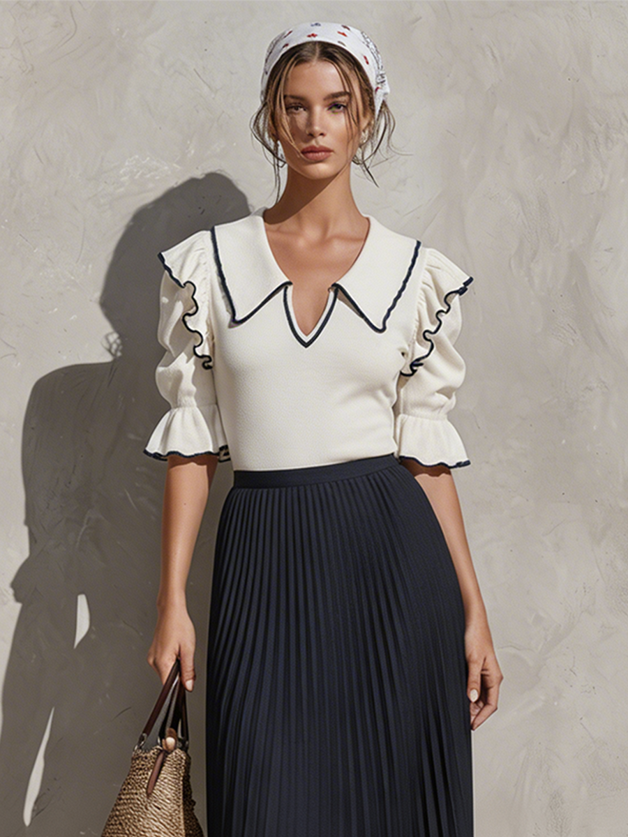 Women's White & Navy Two-Piece Set With Ruffle Collar Knit Top & Pleated Maxi Skirt, Contemporary Effortless-Resort Style Set