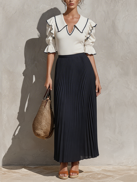 Women's White & Navy Two-Piece Set With Ruffle Collar Knit Top & Pleated Maxi Skirt, Contemporary Effortless-Resort Style Set