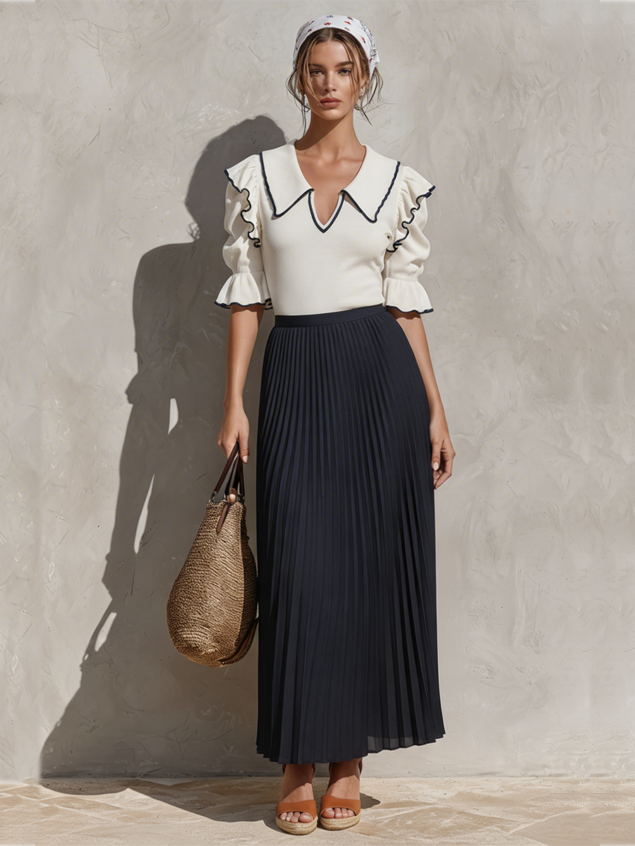 Women's White & Navy Two-Piece Set With Ruffle Collar Knit Top & Pleated Maxi Skirt, Contemporary Effortless-Resort Style Set