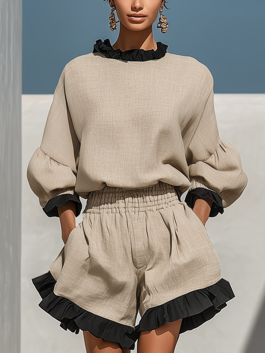 Women’s Beige Linen-Blend Contrast Ruffle Trim Long Sleeve Blouse & High-Waisted Ruffle Hem Shorts Two-Piece Set