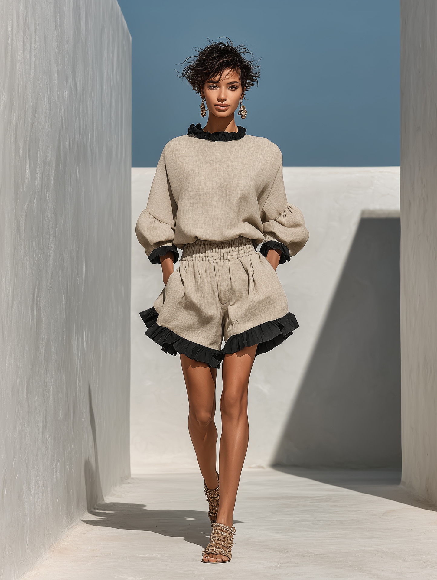 Women’s Beige Linen-Blend Contrast Ruffle Trim Long Sleeve Blouse & High-Waisted Ruffle Hem Shorts Two-Piece Set
