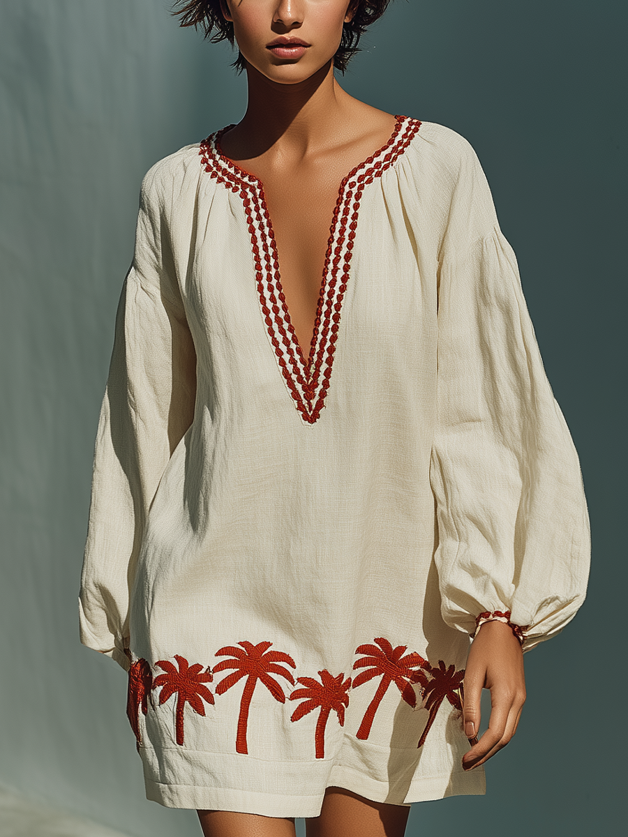Women’s Off-White Linen-Blend Embroidered Palm Tree Long Sleeve V-Neck Shift Mini Dress