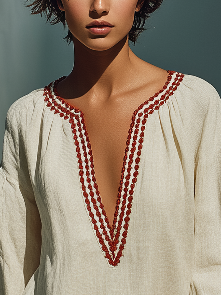 Women’s Off-White Linen-Blend Embroidered Palm Tree Long Sleeve V-Neck Shift Mini Dress