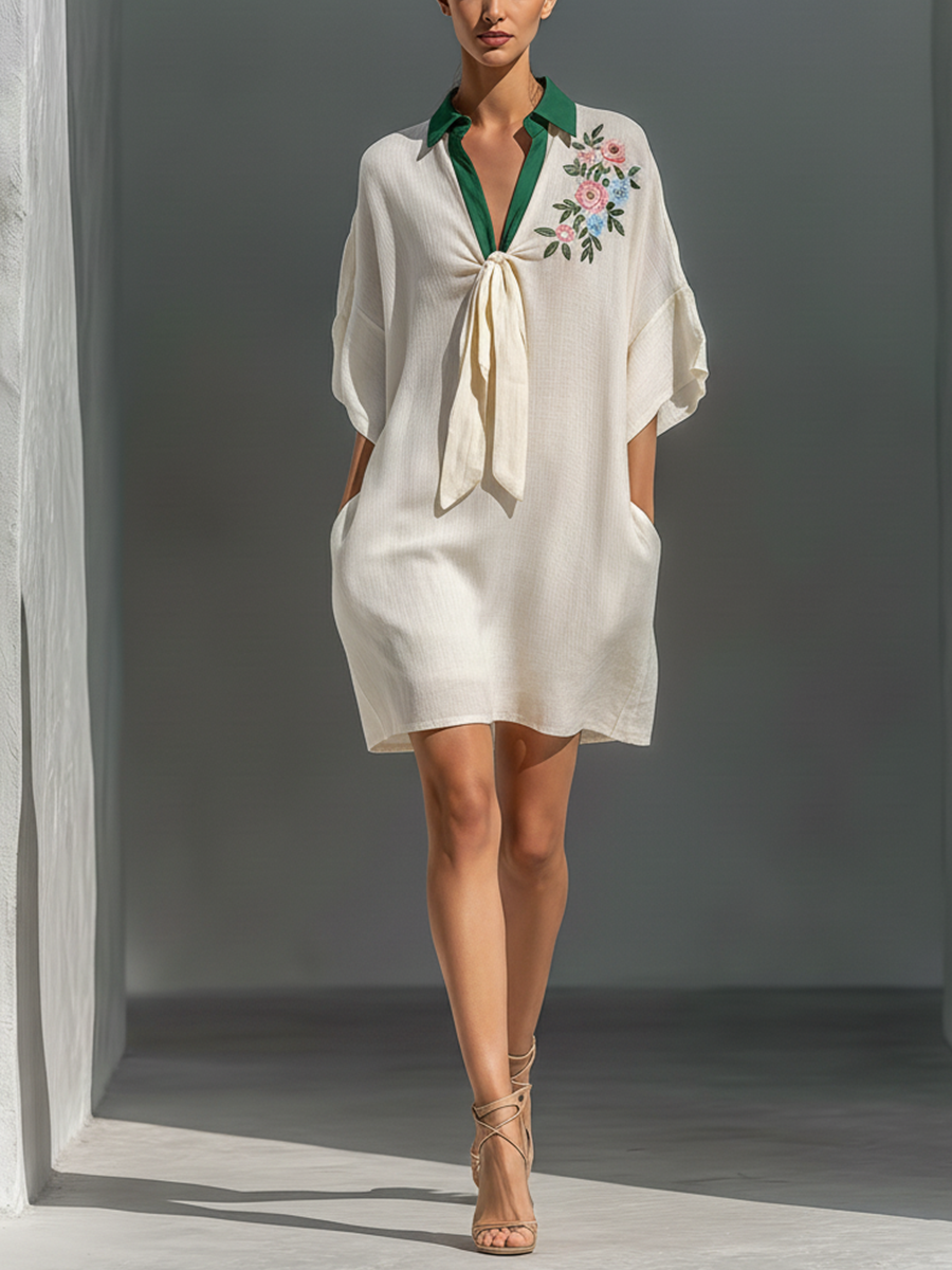 Women’s Off-White Linen-Blend Contrast Collar Floral Embroidered Tie-Neck Shift Mini Dress