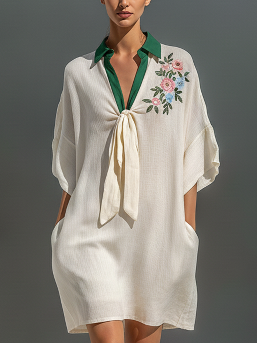 Women’s Off-White Linen-Blend Contrast Collar Floral Embroidered Tie-Neck Shift Mini Dress