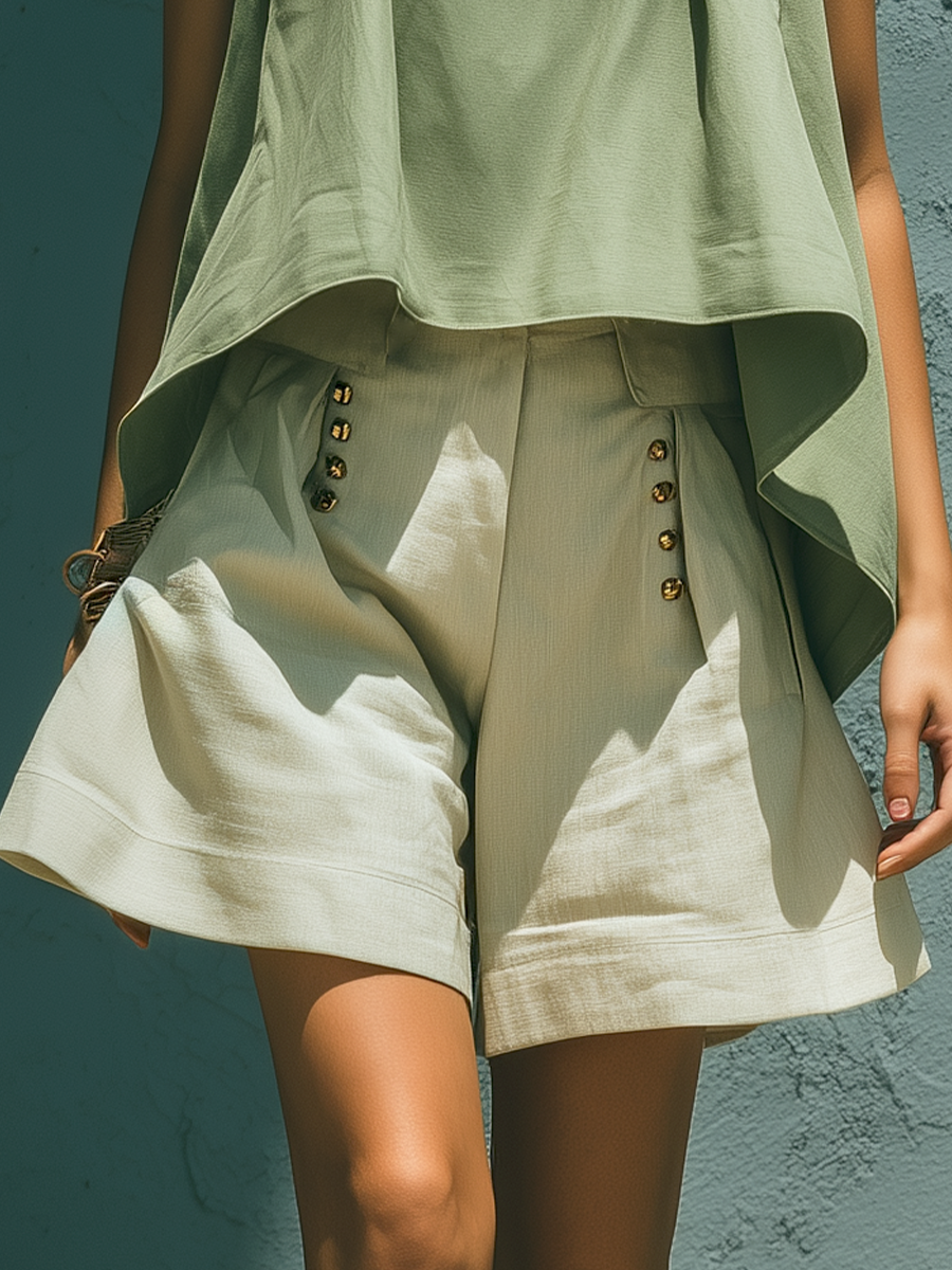 Women’s Sage Green Sleeveless Asymmetrical Hem Crop Top & Beige High-Waisted Button Detail Wide-Leg Shorts Two-Piece Set