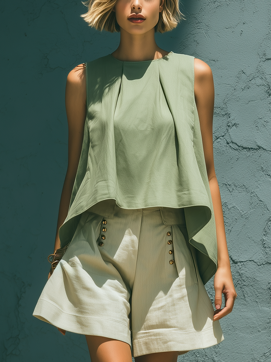 Women’s Sage Green Sleeveless Asymmetrical Hem Crop Top & Beige High-Waisted Button Detail Wide-Leg Shorts Two-Piece Set