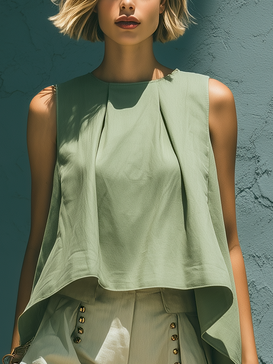 Women’s Sage Green Sleeveless Asymmetrical Hem Crop Top & Beige High-Waisted Button Detail Wide-Leg Shorts Two-Piece Set