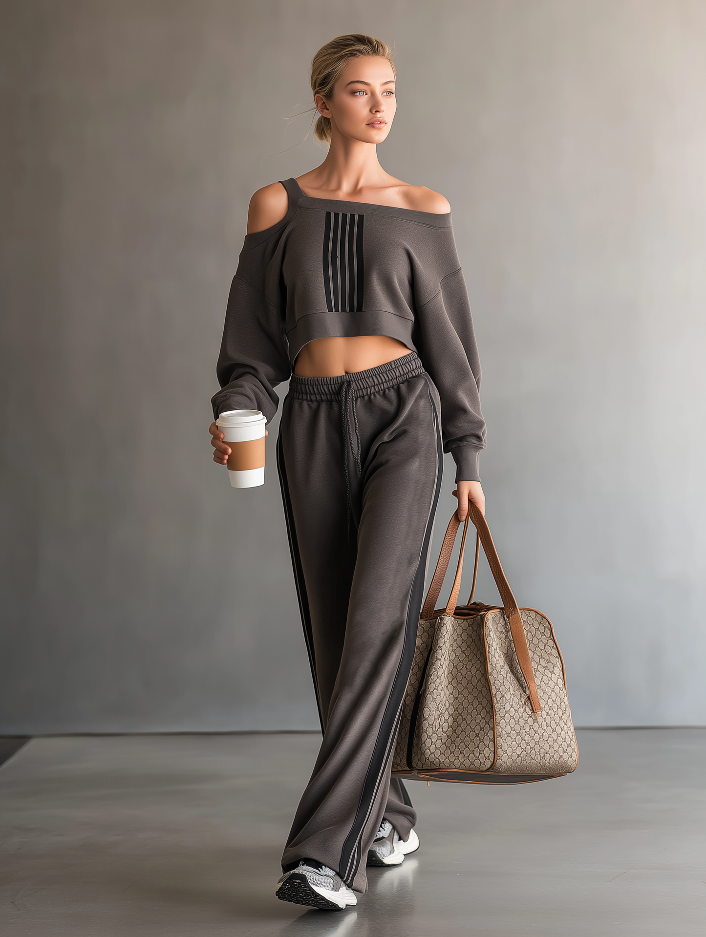 Women's Fashion Off-Shoulder Long-Sleeve Cropped Sweatshirt And Sweatpants Set