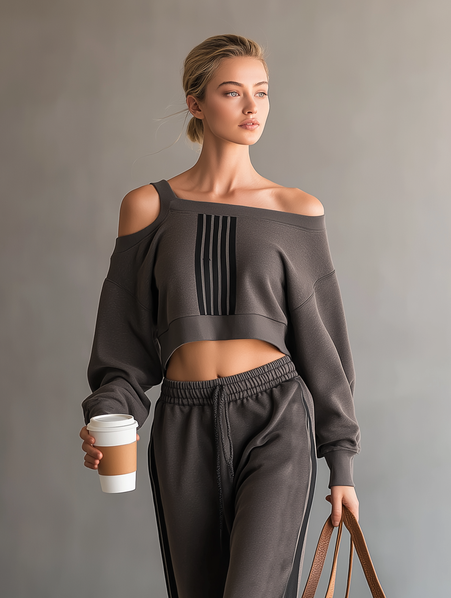 Women's Fashion Off-Shoulder Long-Sleeve Cropped Sweatshirt And Sweatpants Set