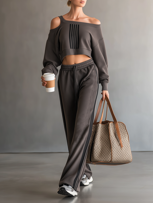 Women's Fashion Off-Shoulder Long-Sleeve Cropped Sweatshirt And Sweatpants Set