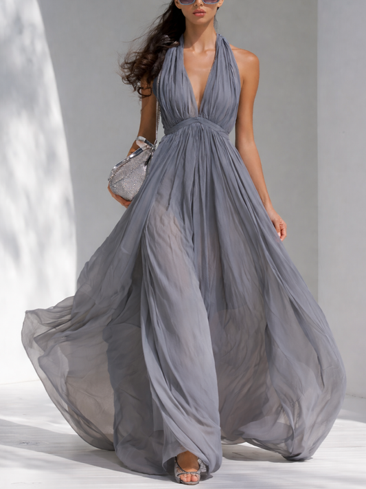 Women's Elegant Grey Chiffon V-Neck Halter Neck Flowy Long Dress