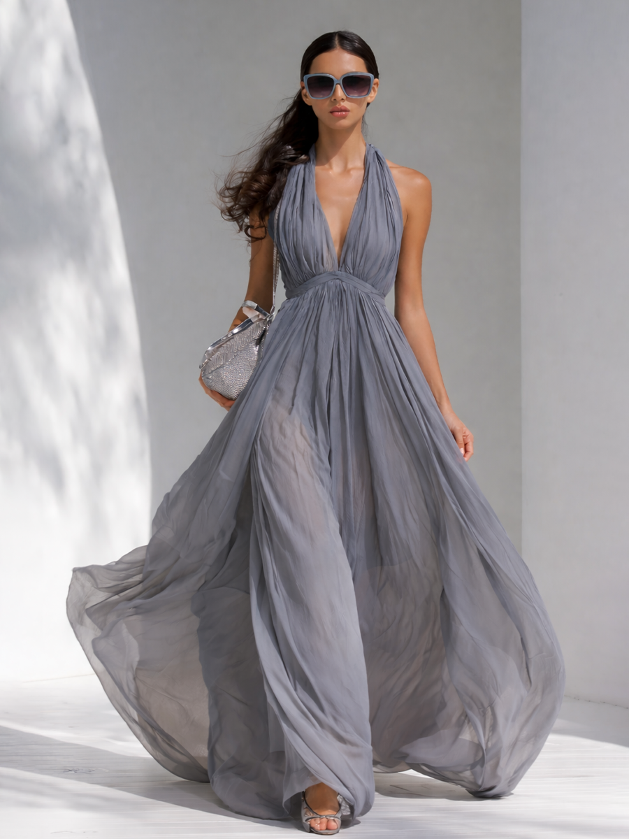 Women's Elegant Grey Chiffon V-Neck Halter Neck Flowy Long Dress