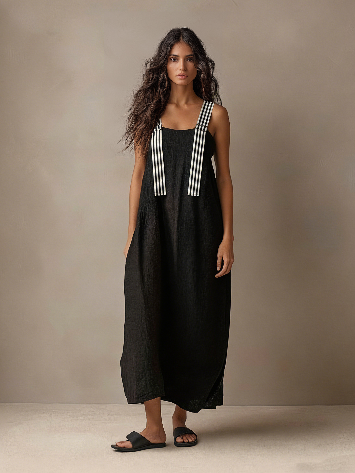 Women's Minimalist Striped Spaghetti Strap Loose Linen-Blend Maxi Dress