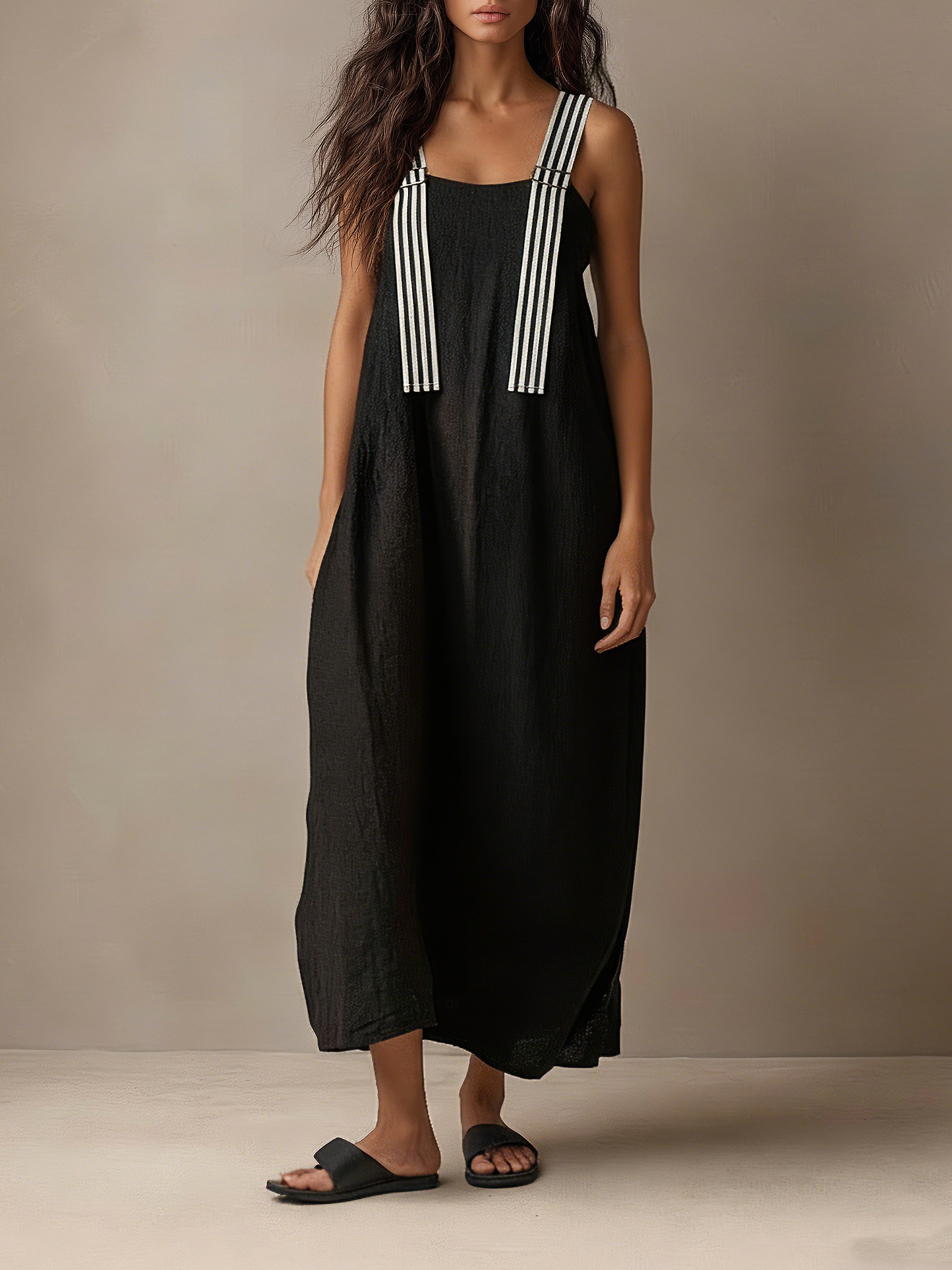 Women's Minimalist Striped Spaghetti Strap Loose Linen-Blend Maxi Dress