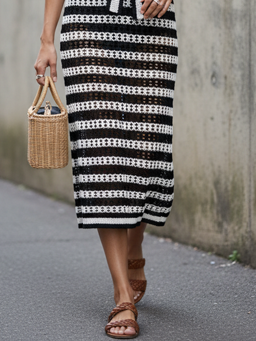 Women's Minimalist Tie-Strap V-Neck Sleeveless Striped Knit Midi Dress