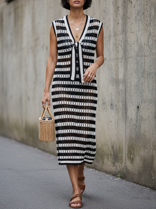 Women's Minimalist Tie-Strap V-Neck Sleeveless Striped Knit Midi Dress