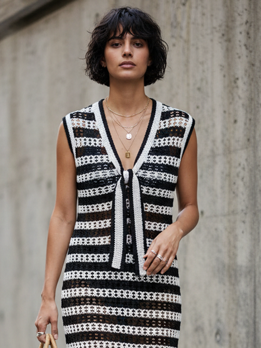Women's Minimalist Tie-Strap V-Neck Sleeveless Striped Knit Midi Dress